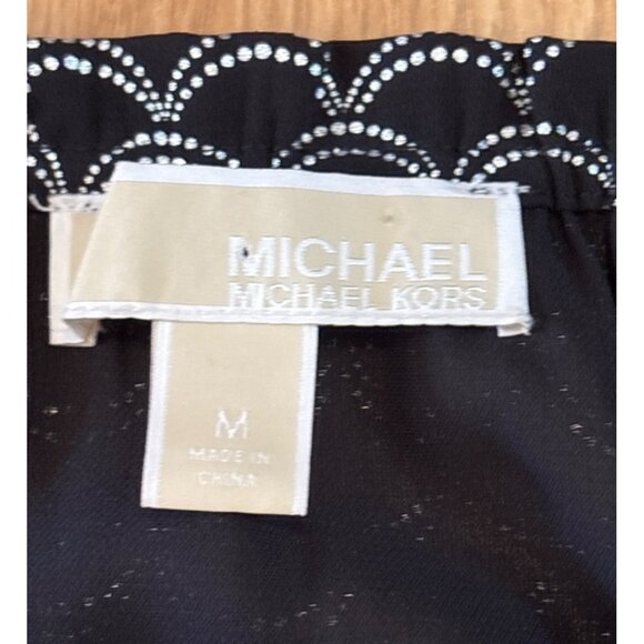 Michael Kors Print Blouse Long Sleeve Womens Med Black Silver Scallop Polyester - Picture 2 of 6